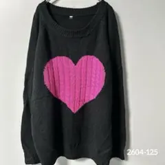 【XL】ビッグハート ケーブル編み ニット セーター 黒×ピンク ゆるだぼ