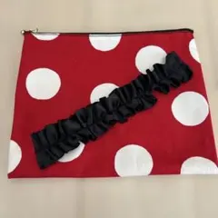 ぺたんこポーチ　ドット　赤　白　かわいい　リボンフリル付き　ハンドメイド