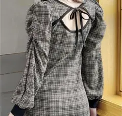 【GRL】チェック柄バックオープンリボンパワーショルダーワンピース[sf688]