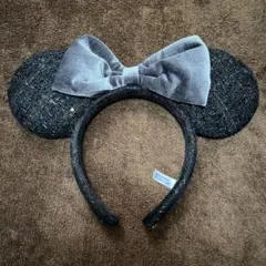 ミニー カチューシャ 黒 リボン グレー ツイード