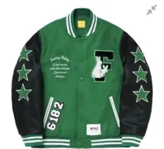 【希少L】FR2 エフアールツー スタジャン 袖本革 パイルロゴ グリーン 古着 希少L】FR2 エフアールツー スタジャン 袖本革 パイルロゴ