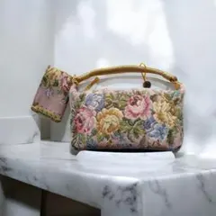 シンクビー ボートバッグ ハンドバッグ ゴブラン織り 花柄 ミニポーチ付き
