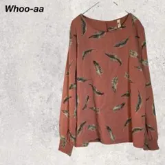 フーア　ブラウス　シャツ　トップス　羽根柄　長袖　クルーネック　総柄　袖ゴム