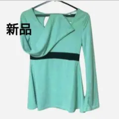 新品 М チュニック 体型カバー 長袖 フレア袖 グリーン ペプラム カットソー