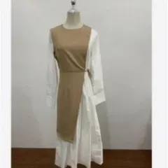 【新品タグ付き】レイヤード風 長袖シャツ フレアロングワンピース ジレドッキング