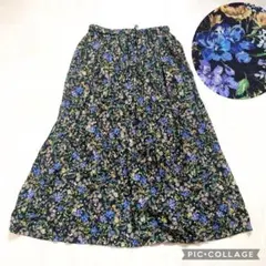 ich イチ　フラワープリント　ロングスカート　黒　花柄　総ゴム　コットン　綿のサムネイル