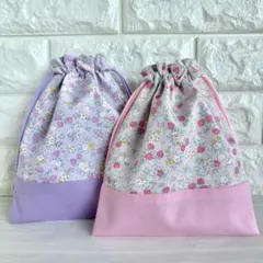 2枚セット　給食袋　コップ袋　巾着袋　いちご　小花　フラワー　ピンク　パープル