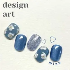 サイズオーダー　ネイルチップ　お花　フラワー　パール　ブルー　マグネット　青　春