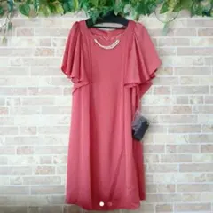 No.28新品★スモーク濃いピンク×パールネックレス ベルト付きドレスワンピース