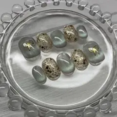 ネイルチップ　グリーン　緑　リボン　ベリーショート　マグネット　ミント　リボン