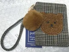 クマ刺繍　ツイード　パスケース