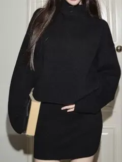 ブラックニットセットアップ ブラックトップス ミニスカートハイネック