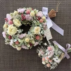 秋色紫陽花ドロップ型春色ナチュラルリース&ミニスワッグのセット♪