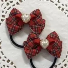赤いチェック柄リボンヘアゴム2個セット