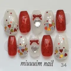 ネイルチップ 赤 ハートホロ ワンホン フレンチガーリー 推し活 バレンタイン