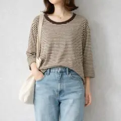無印良品［M］大人カジュアル◎コットン100%◎ゆったり◎細ボーダー柄カットソーのサムネイル