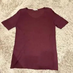 リブ編み バーガンディ Vネック 半袖