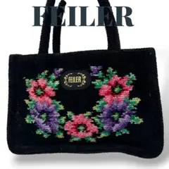 FEILER フェイラー シュニール織り 花柄刺繍 ミニハンドバッグ 黒