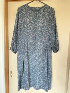 青色系 唐草模様 長袖 ひざ丈ワンピース　ハンドメイド