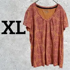 Ｖネックカットソー Tシャツ 総柄 オレンジ ピンク【XL】大きいサイズ 半袖