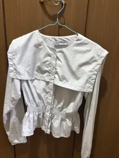 ZARA ビッグカラーブラウス ウエストシャーリング ペプラム ホワイト XS