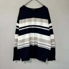 ◉Rag Out　長袖Vネックニット　ネイビー×ボーダー　LL　薄手　トップス