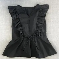 コットン 綿100% ペプラムフリルブラウス 黒 M ウエストマーク