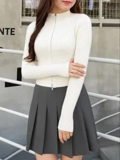 フロントジップラメニットカーディガン アイボリー ホワイト クロップドトップス