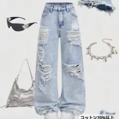 キッズ ダメージ　デニムパンツ ライトブルー　デニム　120