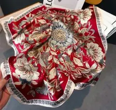大判 スカーフ バックチャーム バッグスカーフ ヘアアクセ 花柄 レッド 赤色