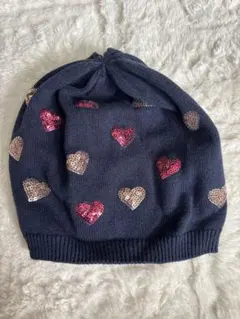 ハートスパンコール ニット帽 ネイビー