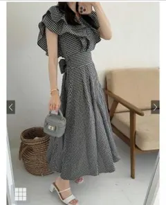 ギンガムチェック柄Vネックフリルフレアワンピース[ta050]