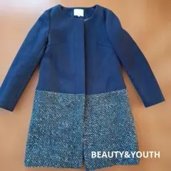 美品！BEAUTY&YOUTH ネイビー 切替えツイードロングコート S