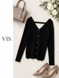 VIS ビス 2WAY リブニット カーディガン Vネック ブラック 長袖 F