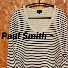 「Paul Smith」Uネックボーダー長袖カットソーワンポイント刺繍ロゴロンT