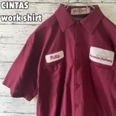 90s CiNTAS シンタス 半袖ワークシャツ L ワインレッドワッペンのサムネイル