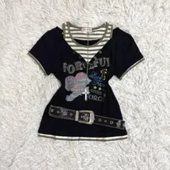 00s Y2K レイヤード風　スパンコール　ロゴTシャツ　平成ギャル　海外ガールのサムネイル