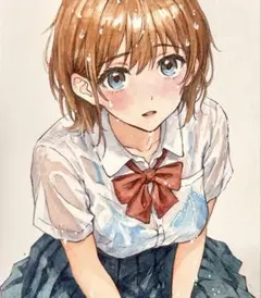 S*き様 オリジナル手描きイラスト 原画 美少女 制服　アナログ 夏　透明水彩
