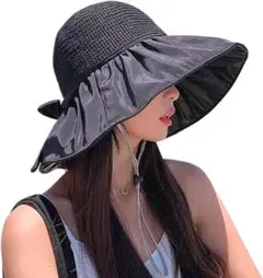 レディース　帽子　ハット　ブラック　夏　プール　涼しい　麦わら　女の人