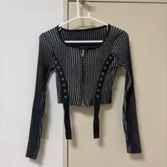 フロントジップ ストライプ ニット 長袖 ショート丈
