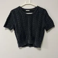 ダークグレー ケーブルニット 半袖トップス