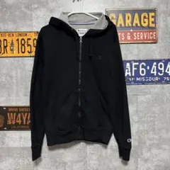 に*こ様 Champion フルジップパーカー ブラック ワンポイントロゴ 古着