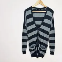 【アズールバイマウジー】ボーダー柄Vネックロングニットカーディガン　S　黒×灰色