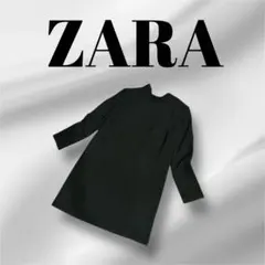 ZARAブラックバックリボン付き膝丈ワンピース　 M 肩パット付き