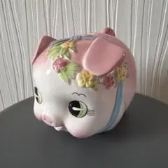 【昭和レトロ】加藤工芸 豚の貯金箱 陶器製 ピギーバンク 花冠 ピンクのサムネイル