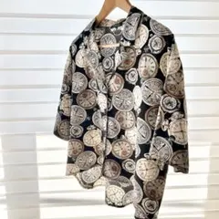 古着 レトロ 懐中時計柄 総柄シャツ 個性的 アートシャツ　Ｍ