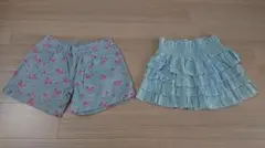 綿100% 花柄ショートパンツ くすみ系ブルー 水色スカート 2点セット