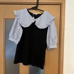 INGNI フリル襟 半袖トップス 黒・ストライプ