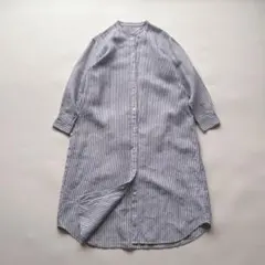 無印良品 フレンチリネン ノーカラー ロングシャツワンピース ストライプ