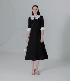 【LEJA】花柄レースカラースパンコール刺繍Aラインフレアドレス ブラック　S